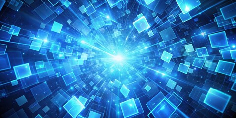 Obraz premium A mesmerizing abstract digital landscape composed of glowing blue squares and ethereal lights, evoking a sense of boundless energy and technological advancement.