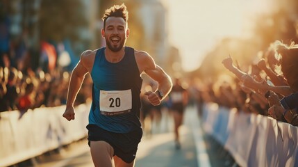 Runner marathon finish line effort cheering crowd energy accomplishment. AI generated