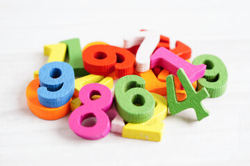 Fototapeta premium Number wood block cubes for learning Mathematic, education math.