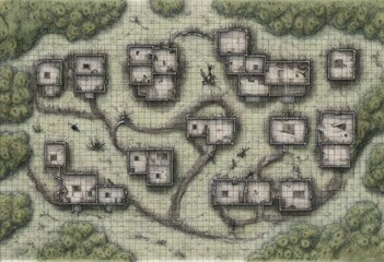 Obraz premium Illustrated Tabletop Map of Forest Village: Detailed Fantasy Landscape