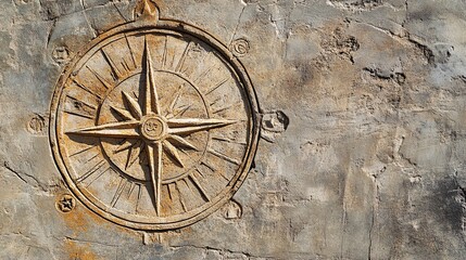 Fototapeta premium 2410 100.A beautifully etched compass rose on a cement surface, featuring the cardinal points and zodiac symbols. The rough texture of the cement ground contrasts with the fine details of the compass