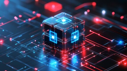 Abstract Futuristic Technology Cube with Red and Blue Glowing Lights