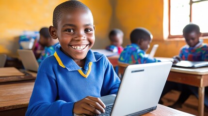Pupil using a laptop, sitting on a clean white background, showcasing the focus and engagement of a young student in the digital learning environment.