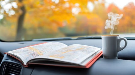A close-up of an open road atlas lying on the dashboard of a car, with a steaming cup of coffee beside it. In the background, autumn leaves can be seen through the carâ€™s window, creating a cozy and