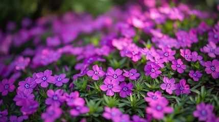2410 79.A garden bed covered with vibrant violet phlox subulate flowers, blooming densely to form a natural, floral carpet. The delicate blossoms of the creeping moss create a bright purple ground