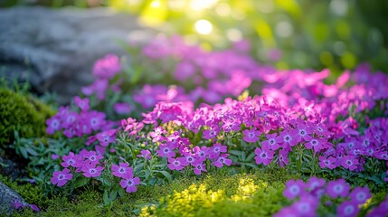 Obraz premium 2410 79.A garden bed covered with vibrant violet phlox subulate flowers, blooming densely to form a natural, floral carpet. The delicate blossoms of the creeping moss create a bright purple ground