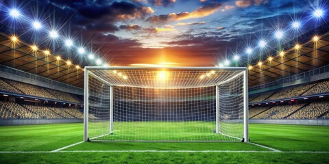 Fototapeta premium A soccer goal stands at the center of a sprawling stadium bathed in the warm glow of setting sun, promising a thrilling match ahead.