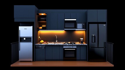 Modern Minimalist Kitchen Design: A sleek and sophisticated kitchen with dark cabinets, stainless steel appliances, and warm lighting.