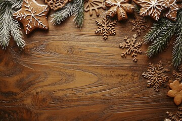 Fototapeta premium A wooden background with snowflakes and gingerbread cookies on it, Christmas tree branches on the left side of the frame