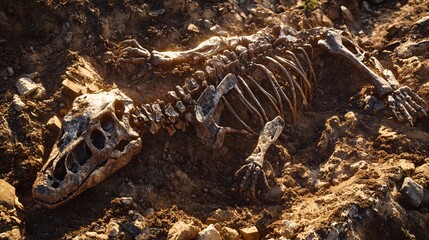 2410 108.A partially excavated dinosaur skeleton lies in the ground, with large bones emerging from the dirt. The fossilized remains of the dinosaur, including its massive skull and vertebrae, are