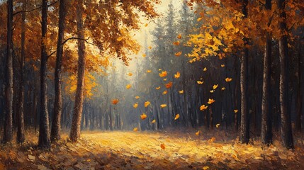 Fototapeta premium 2410 68.A peaceful autumn landscape with trees shedding their vibrant yellow and orange leaves. The leaves float gently to the ground, covering the forest floor in a warm, golden blanket. The
