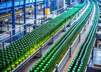 Naklejka premium An aerial shot captures a production line of bottles on a conveyor.