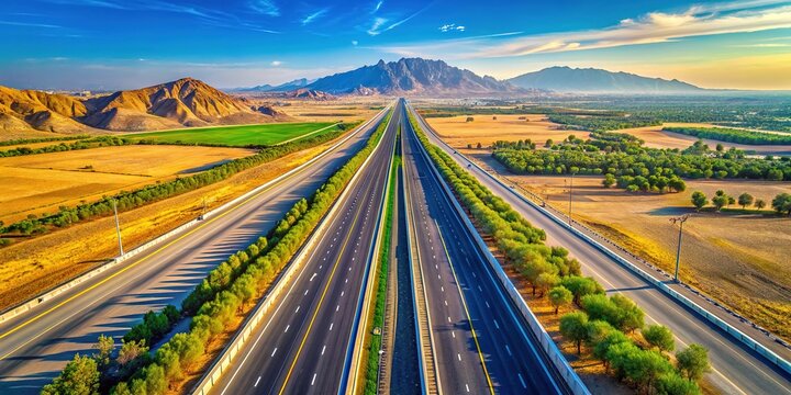An aerial view reveals a straight highway on a sunny summer day, highlighting the beautiful Arabat Arrow landscape stretching across the horizon in vibrant colors.