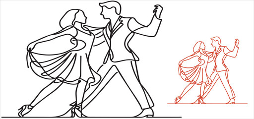 A dancing couple, black outline on white background. A vector illustration of a dancing couple, a woman and a man, black outline on a white background vector