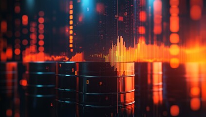 Obraz premium Abstract futuristic design with black server towers and red and yellow digital data lines.