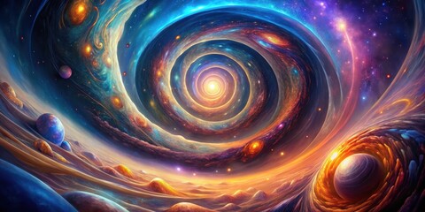 A mesmerizing cosmic swirl, with vibrant galaxies spiraling inwards towards a radiant core, creating a celestial tapestry of wonder and mystery.