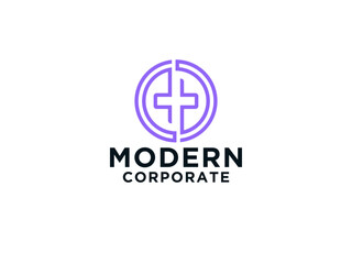 Medical Logo Healthcare Symbol. White Cross Sign Negative Space with Medicine Icon Linked with Circle Globe Origami Style.
