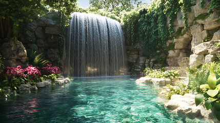 A serene summer scene featuring a hidden waterfall with crystal-clear waters flowing into a tranquil pool, inviting visitors to relax 