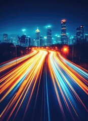 Fototapeta premium A long exposure shot of a highway with streaks of light from cars driving through the city at night, with a cityscape skyline in the background.