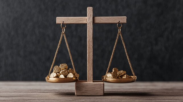 A wooden balance scale holds gold coins, symbolizing justice and fairness against a dark backdrop.