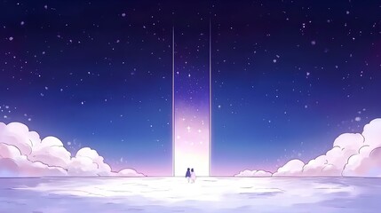 Naklejka premium A dreamlike journey towards the celestial gateway two figures stand in awe beneath a starry sky filled with possibilities