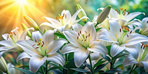 Naklejka premium Charming white lily floral background ideal for enhancing stunning designs and creative projects, featuring soft hues that inspire elegance and tranquility in every creation.