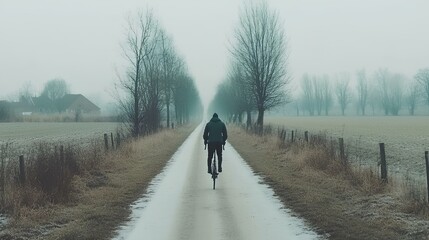 Fototapeta premium A solitary cyclist navigates a misty path embracing the tranquility of nature's landscape on a foggy day