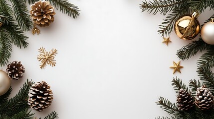 Fototapeta premium White background with golden Christmas decorations, gold glitter and stars on a white background, white snowflakes and pine cones, golden balls 