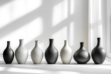 Elegant set of monochrome ceramic vases, placed on a blank surface with soft light casting gentle, long shadows