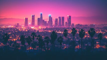 Los Angeles cityscape at dusk with neon pink sky and palm trees