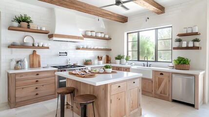 Fototapeta premium Stylish modern kitchen with natural wood accents