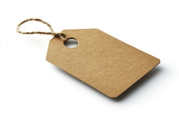 Blank Brown Cardboard Tag With Twine on White Background