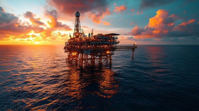 Holographic visual displays showcasing real time oil rig data and analytics at sunrise providing a futuristic and innovative backdrop for energy industry branding services or information