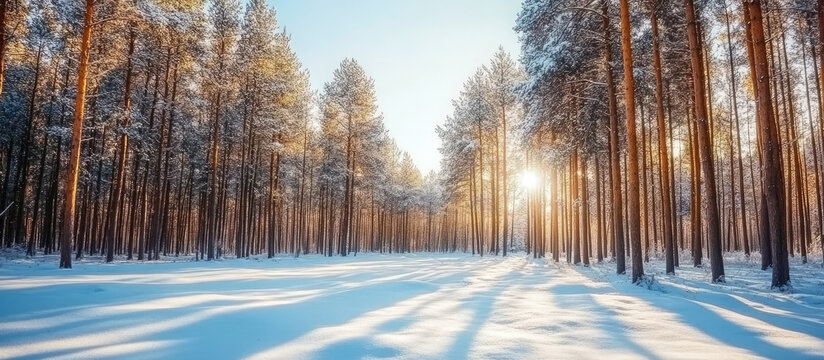 Snowy forest at sunrise with tall trees casting shadows on the winter landscape