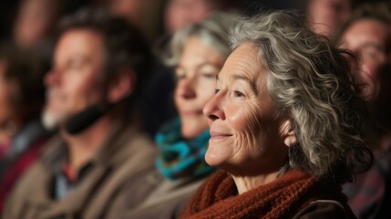 Fototapeta premium Elderly Woman with Curly Gray Hair Smiling in Crowd