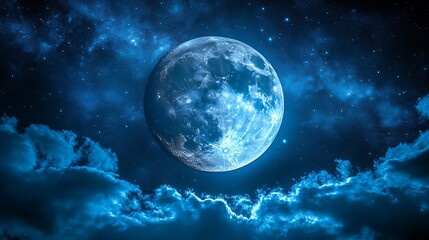 Obraz premium A full moon shines brightly in a night sky filled with clouds and stars.