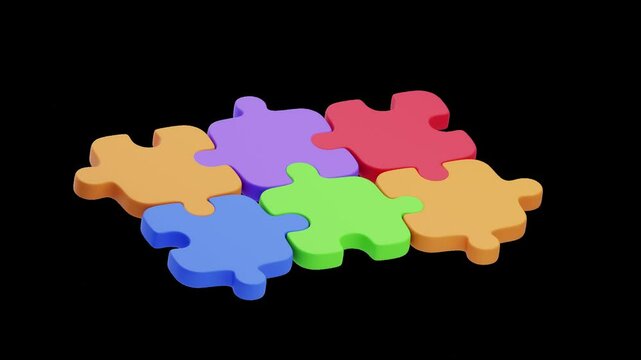 3D Animation of Puzzle Pieces in Green and Blue Interlocking Shapes | Alpha Channel