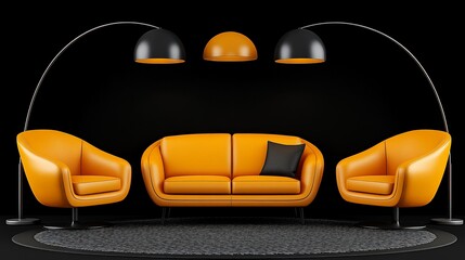 Modern Living Room: A stylish living room interior with a minimalist black and yellow color scheme featuring two armchairs and a sofa with a black pillow.