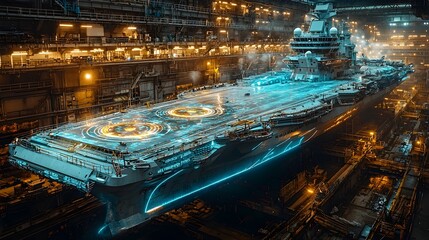 A photography of a modern warship under construction in a shipyard with holograms displaying real time structural integrity data for military and technical analysis