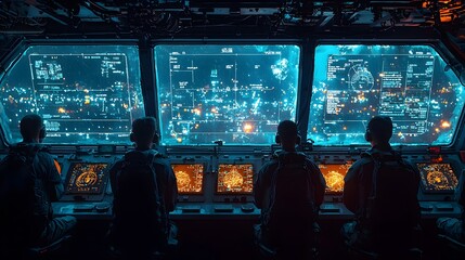Warship Crew Prepares for Deployment with Holographic Navigation and Defense Data Visualizations Ready for Informative or Promotional Copy