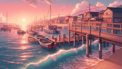 Naklejka premium Summer Evening by the Pier in a Tranquil Anime Village
