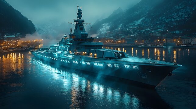 Warship Docked at Naval Base with Holographic Radar and Combat Readiness Systems Displayed on Digital Interface  Concept for Military Planning Strategy and