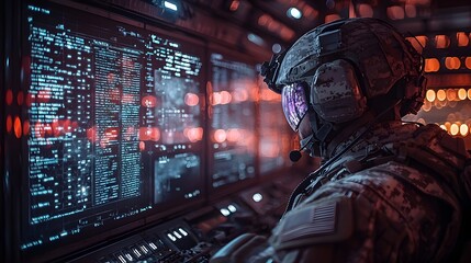 Fototapeta premium Futuristic tank commander peering through the periscope with holographic displays showing real time battlefield information data visualizations
