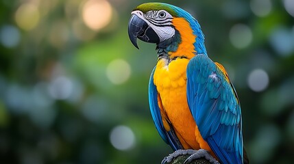 A vibrant blue and yellow macaw perches on a branch, its head turned to the side, against a blurry green background.