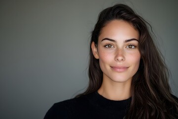 Fototapeta premium A close-up portrait of a smiling woman with long, dark hair, showcasing natural beauty against a soft, neutral background.