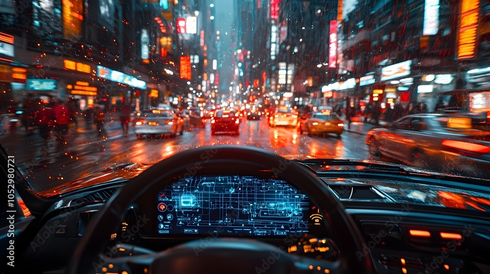 Poster autonomous vehicle navigating through a bustling city with holograms displaying real time traffic up