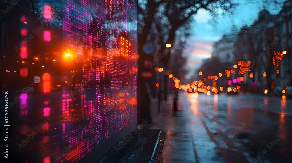 Poster futuristic traffic lights at a busy intersection featuring holographic projections displaying countd