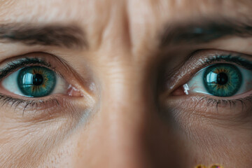 Naklejka premium Close-up of a person's face, focusing on striking green eyes, revealing emotion and intensity through their expression.