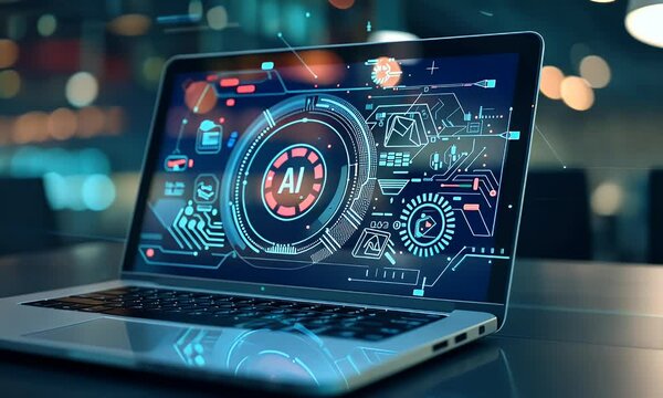 ai technology concept with laptop and hologram icon of artificial intelligence on abstract digital background, AI for business future or innovation in education , close-up shooting, 4k, ultra realism,