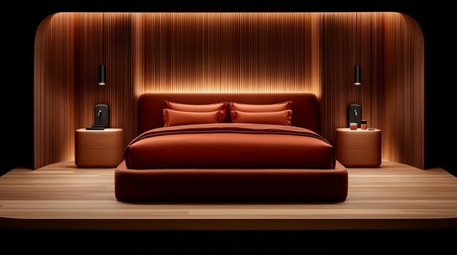 Warm Embrace of Luxury: A master bedroom design showcasing a plush, rust-colored bed against a backdrop of rich, dark wood paneling and warm lighting. The scene exudes sophistication and tranquility.